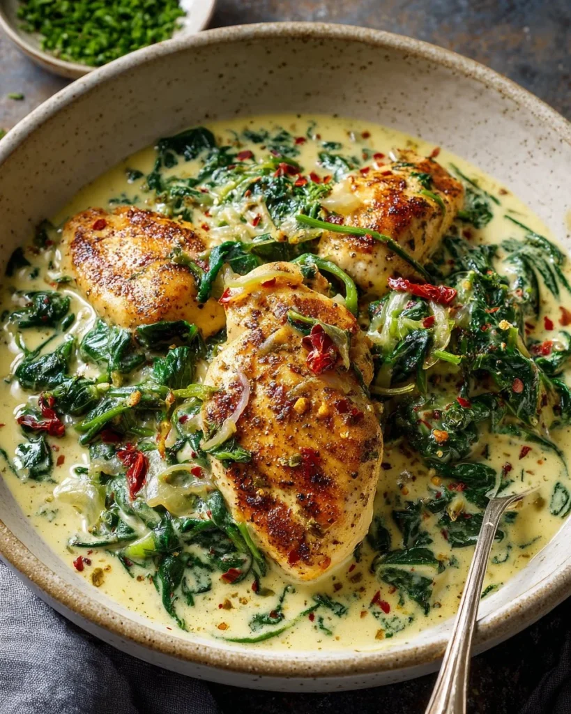 Creamy Spinach Chicken served on a plate with fresh herbs.