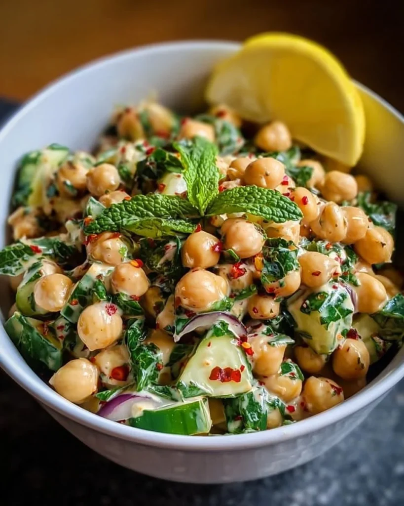 A bowl of creamy tahini lemon chickpea salad with fresh vegetables and herbs