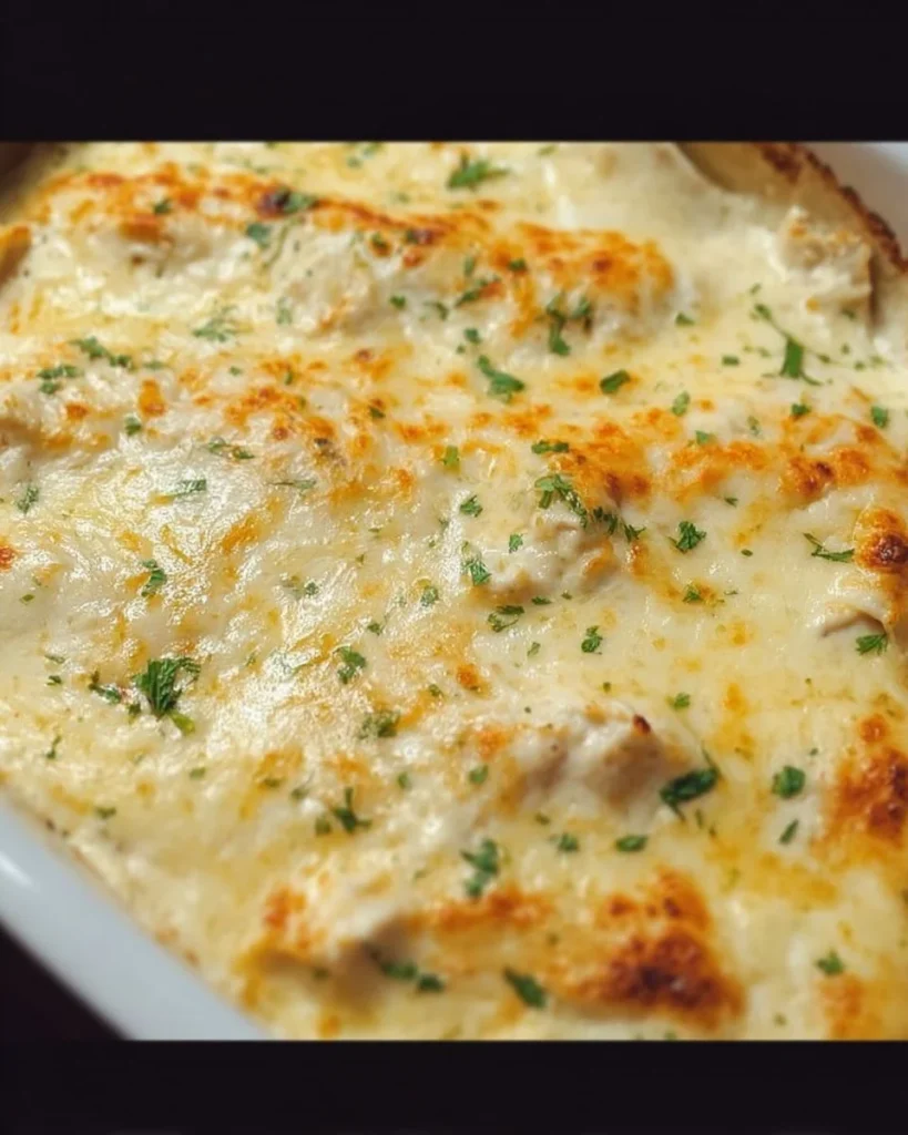 Creamy white chicken enchiladas casserole topped with cheese and cilantro