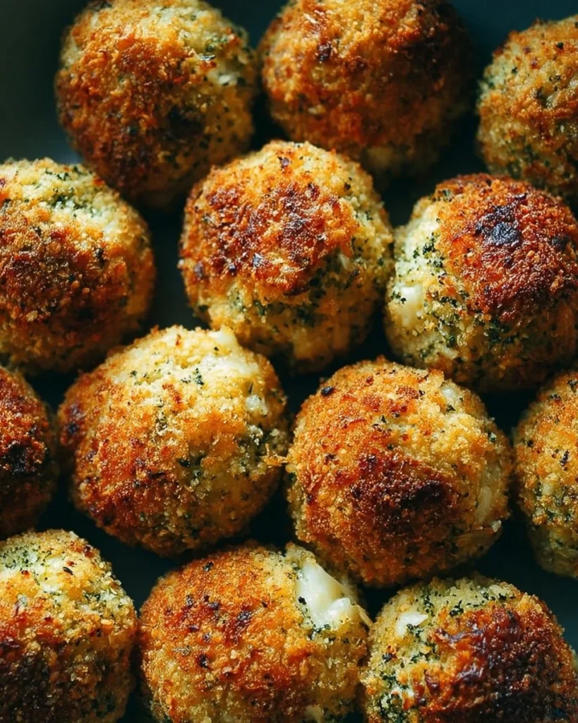 Crispy baked broccoli cheese balls served on a plate with dipping sauce.