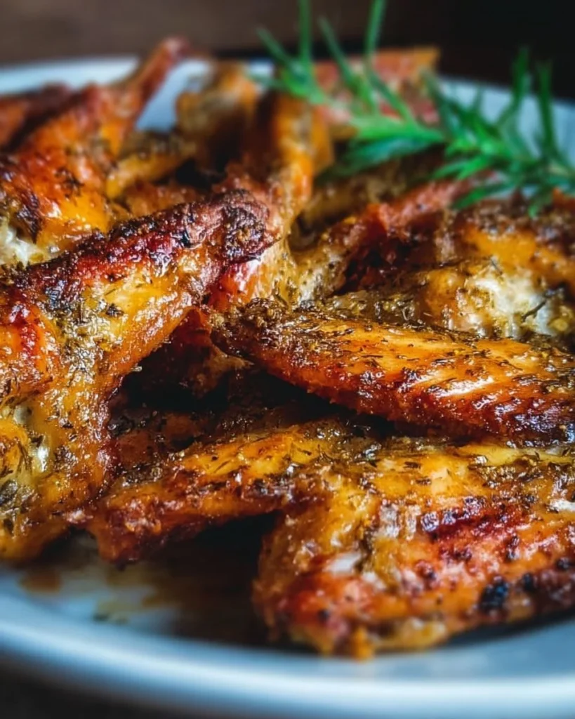 Crispy baked turkey wings served on a platter, garnished with herbs
