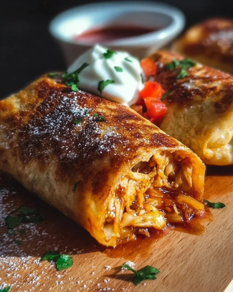 Crispy chicken chimichangas ready to be served with salsa and toppings.