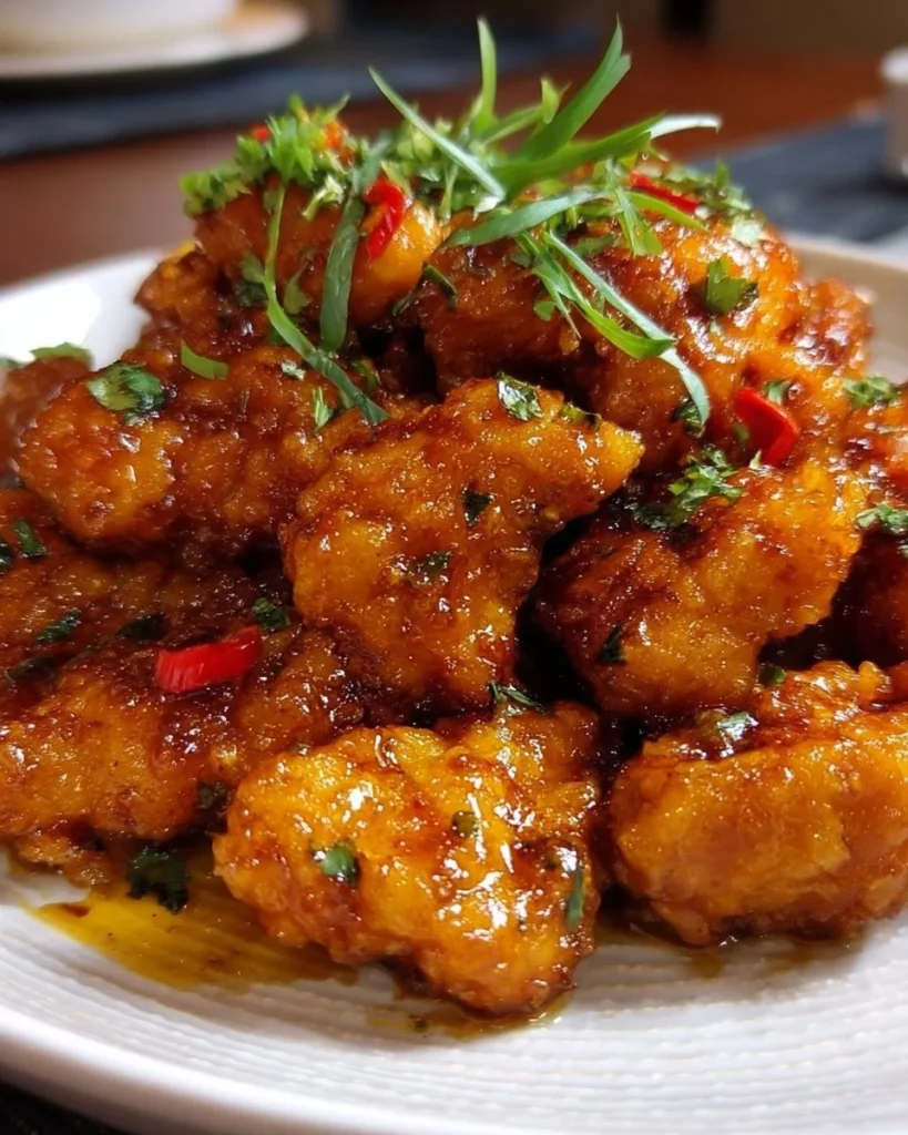 Crispy Chinese Peanut Butter Chicken served with vibrant vegetables