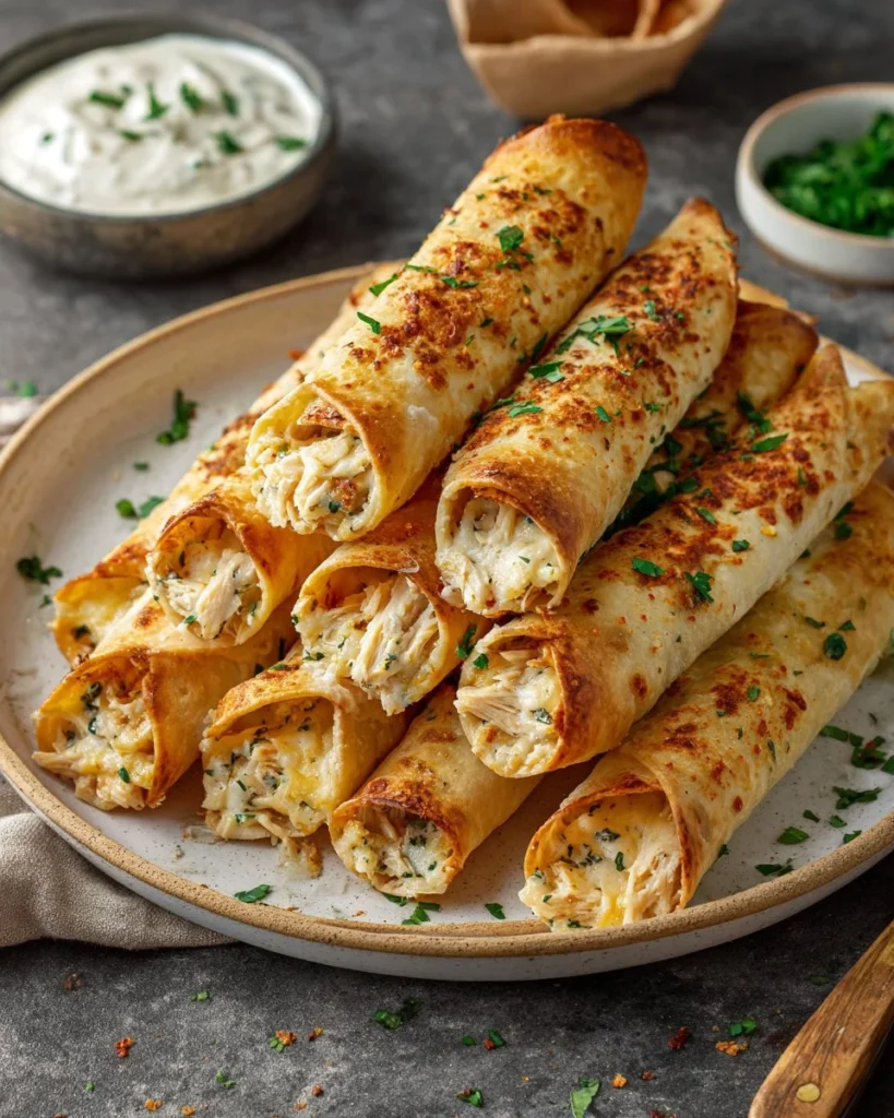 Crispy cream cheese chicken taquitos served on a plate with dipping sauce.