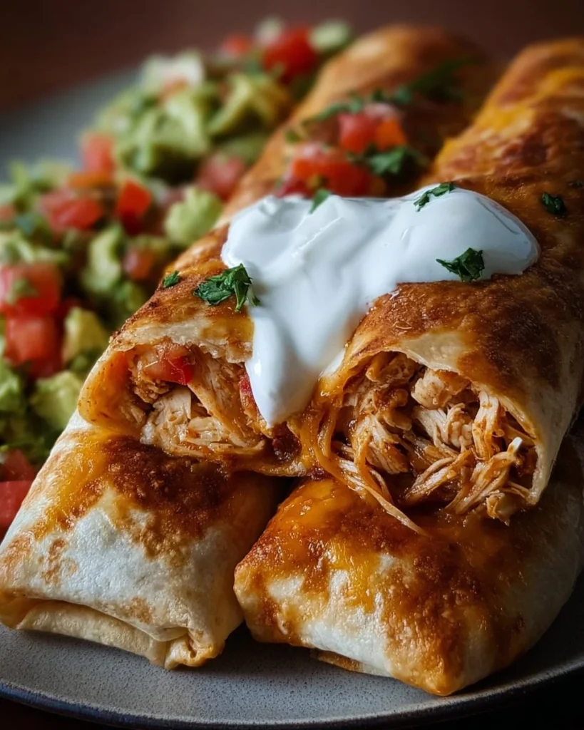 Delicious crispy homemade chicken chimichangas served on a plate