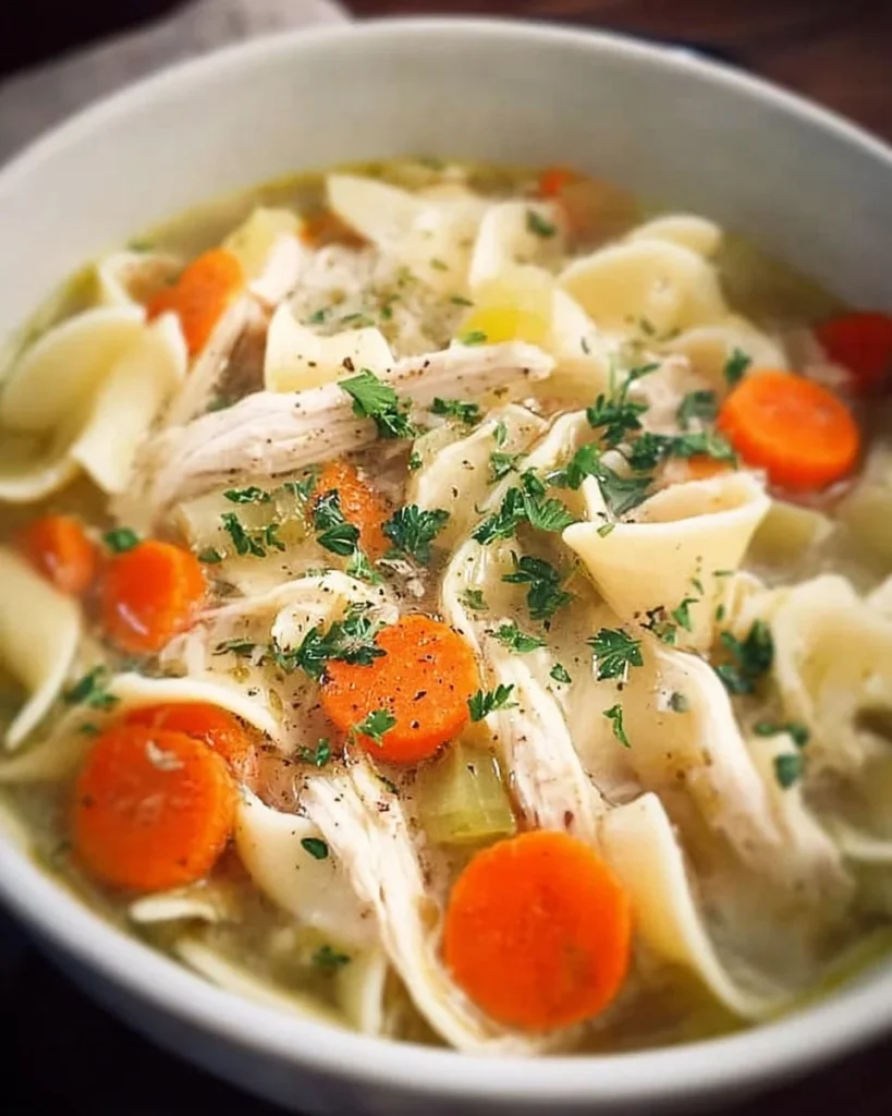 Delicious Crock-Pot chicken noodle soup in a bowl with fresh herbs