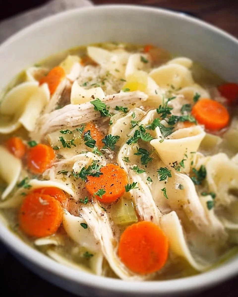 Delicious Crock-Pot chicken noodle soup in a bowl with fresh herbs