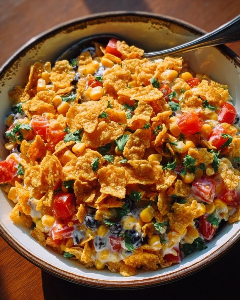 Bowl of Crunchy Frito Corn Salad with colorful ingredients and crunchy Fritos