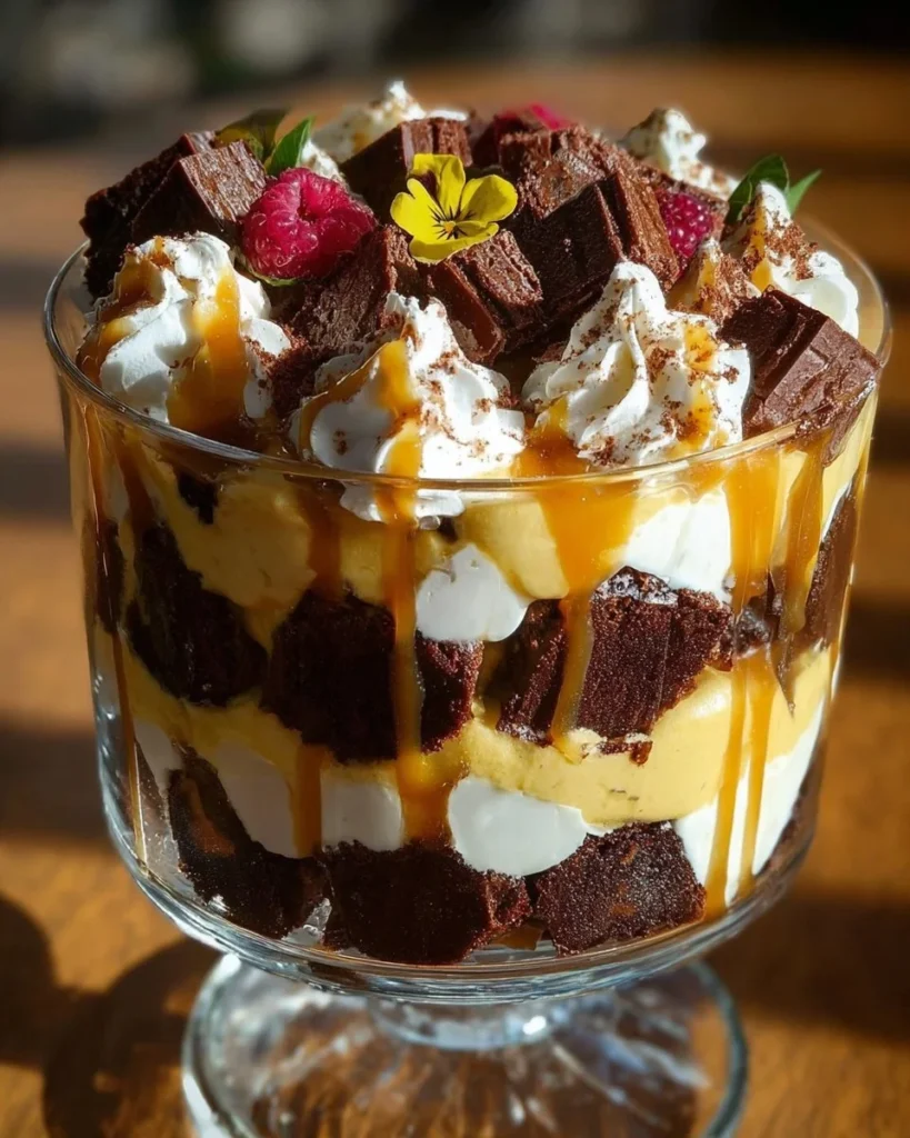 Decadent caramel cheesecake brownie trifle dessert in a glass.
