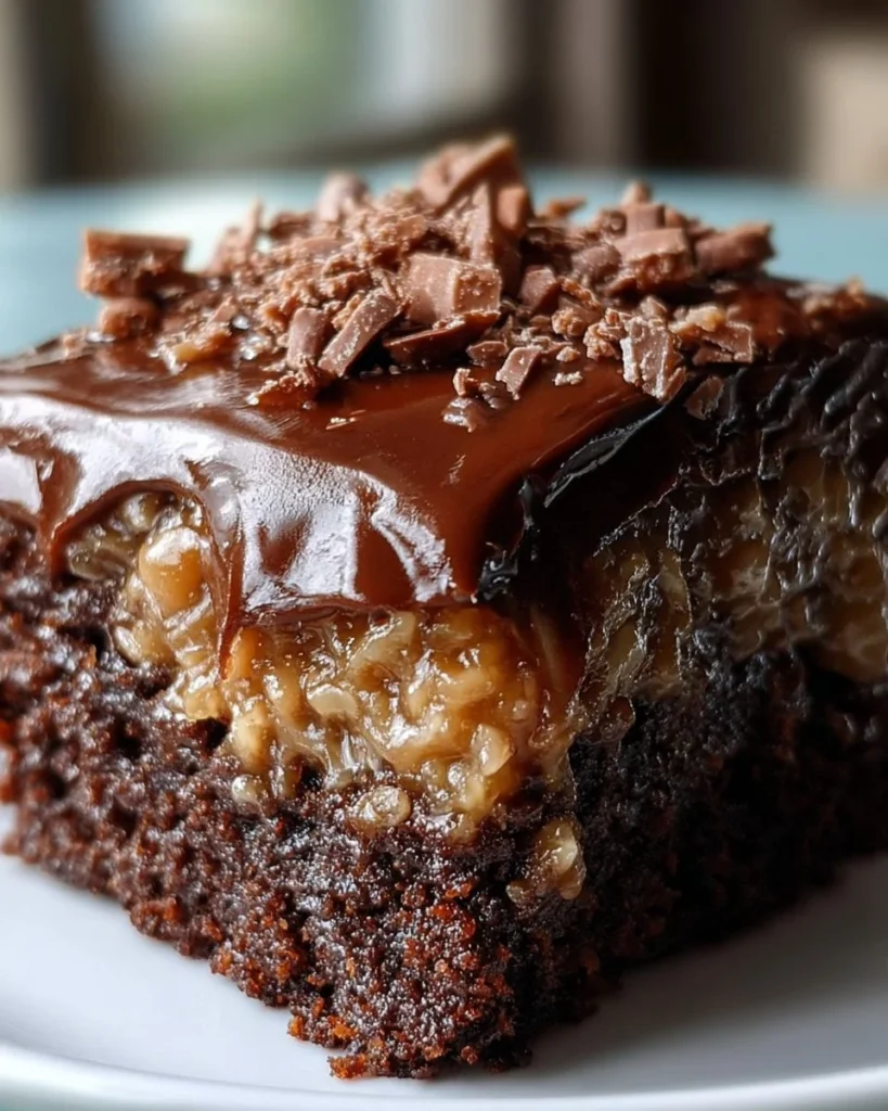 Decadent German Chocolate Poke Cake topped with coconut pecan frosting