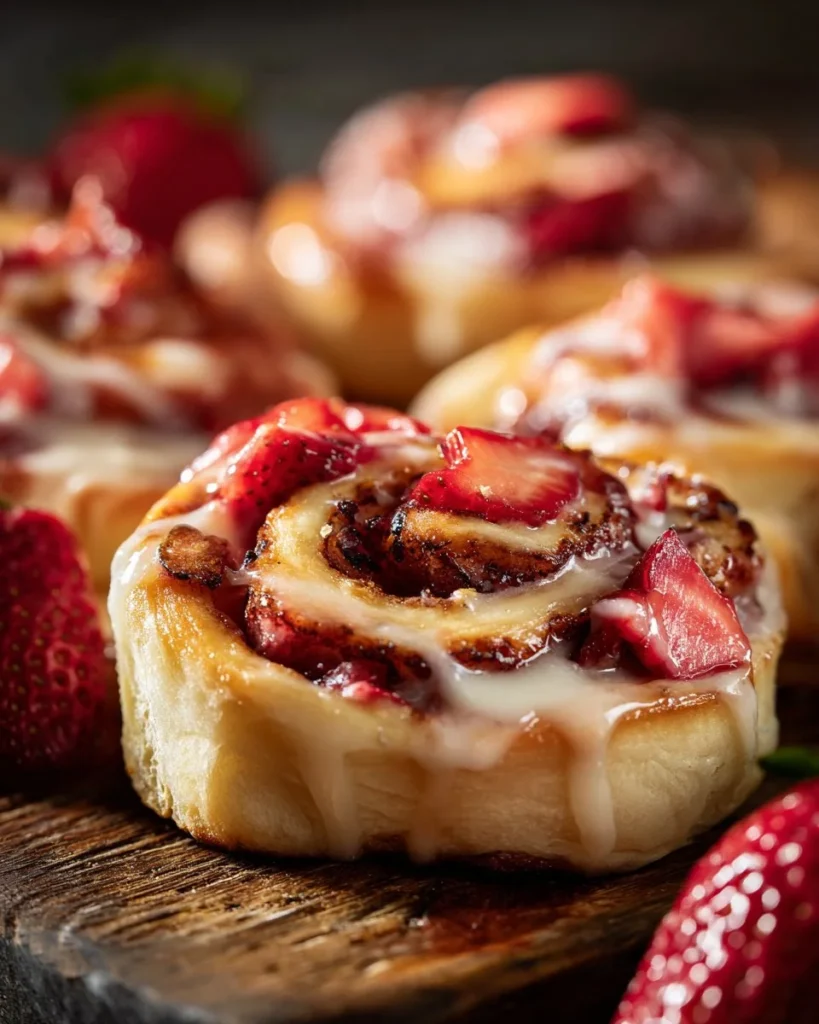 Delicious strawberry cheesecake rolls topped with cream cheese icing