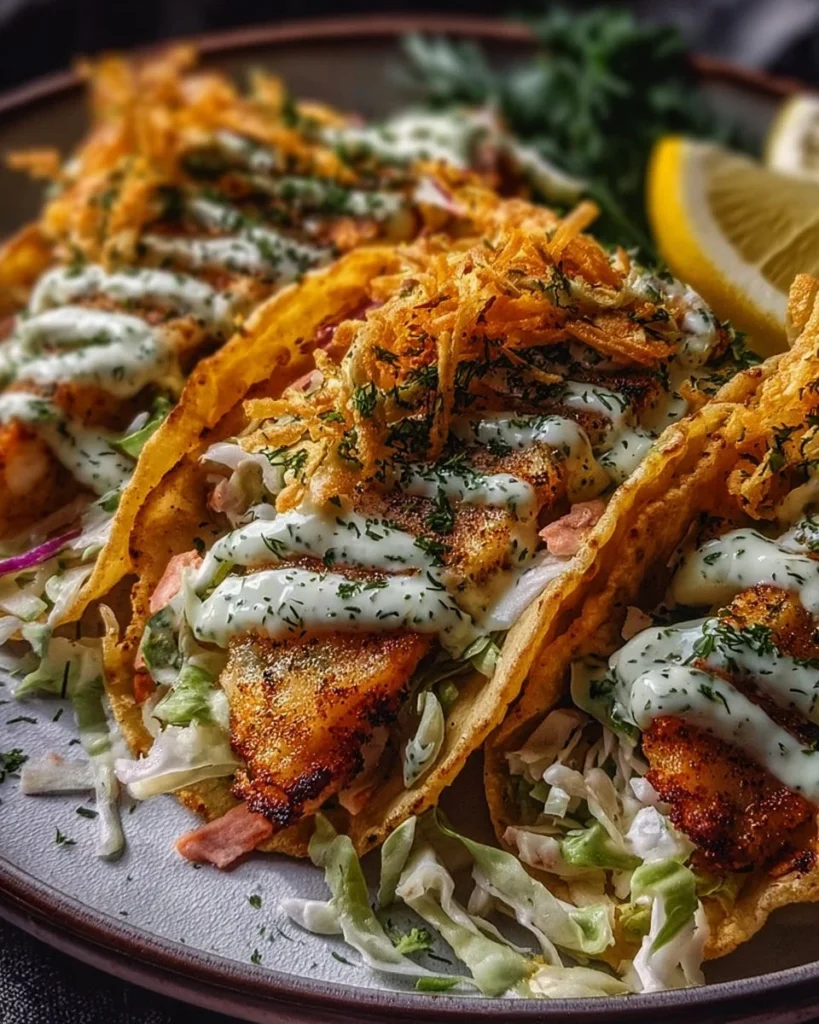 Dill Pickle Ranch Smash Chicken Tacos with crispy cheese lace on a plate