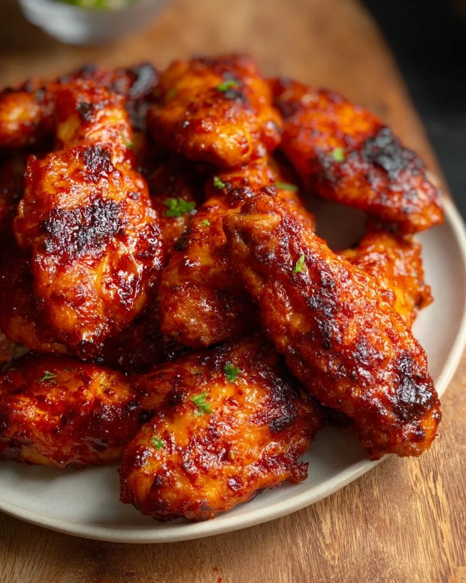 Plate of easy and delicious BBQ chicken wings garnished with fresh herbs