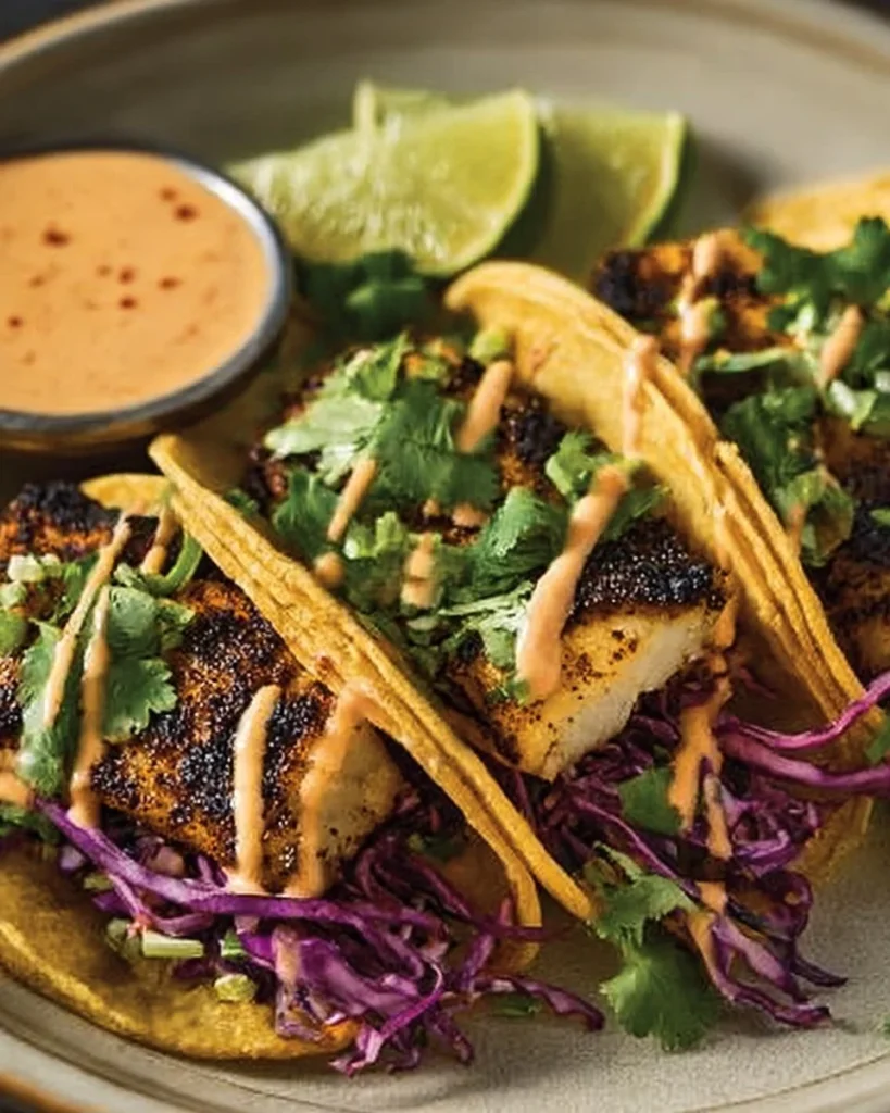 Delicious blackened fish tacos topped with fresh ingredients