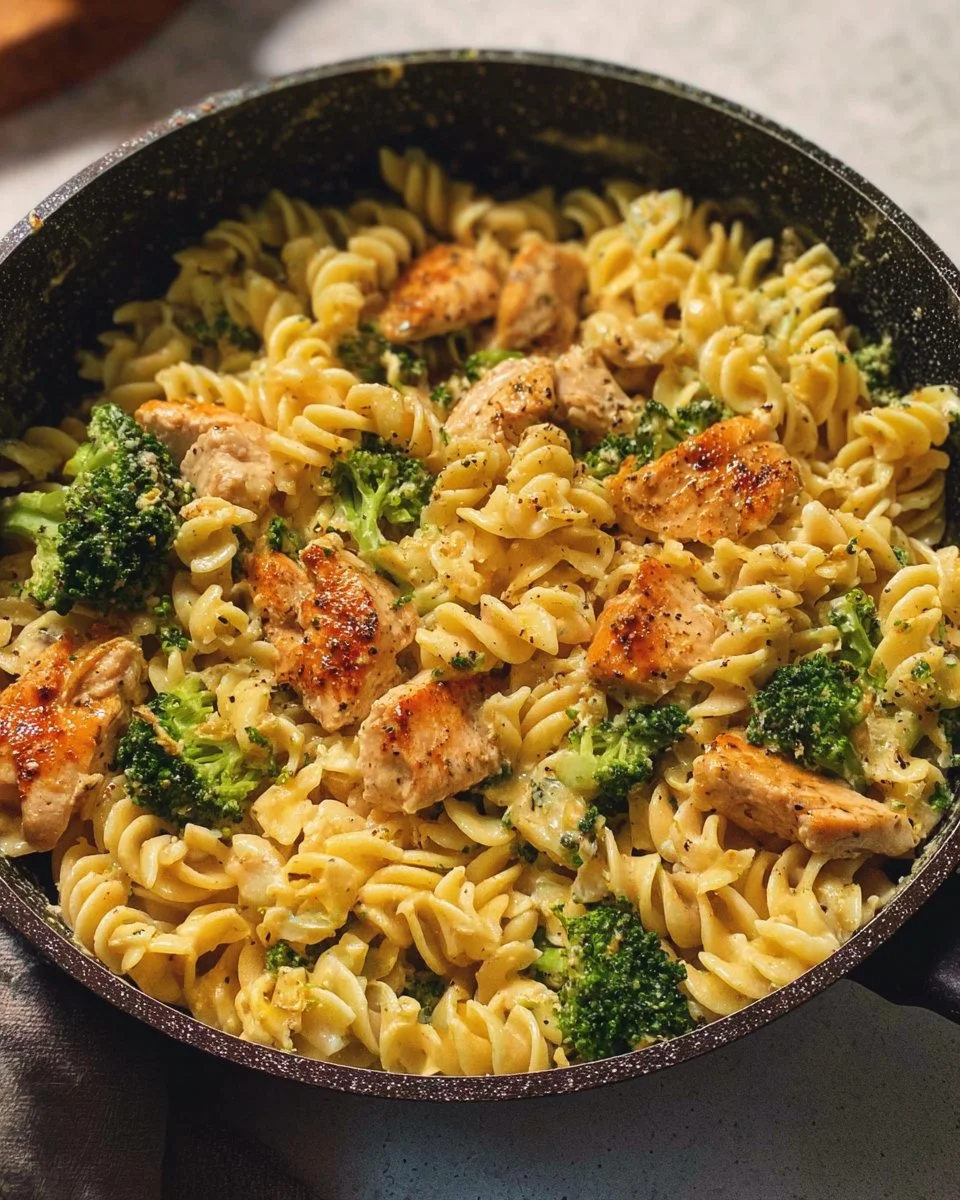 A bowl of easy chicken and broccoli pasta, garnished with Parmesan cheese.