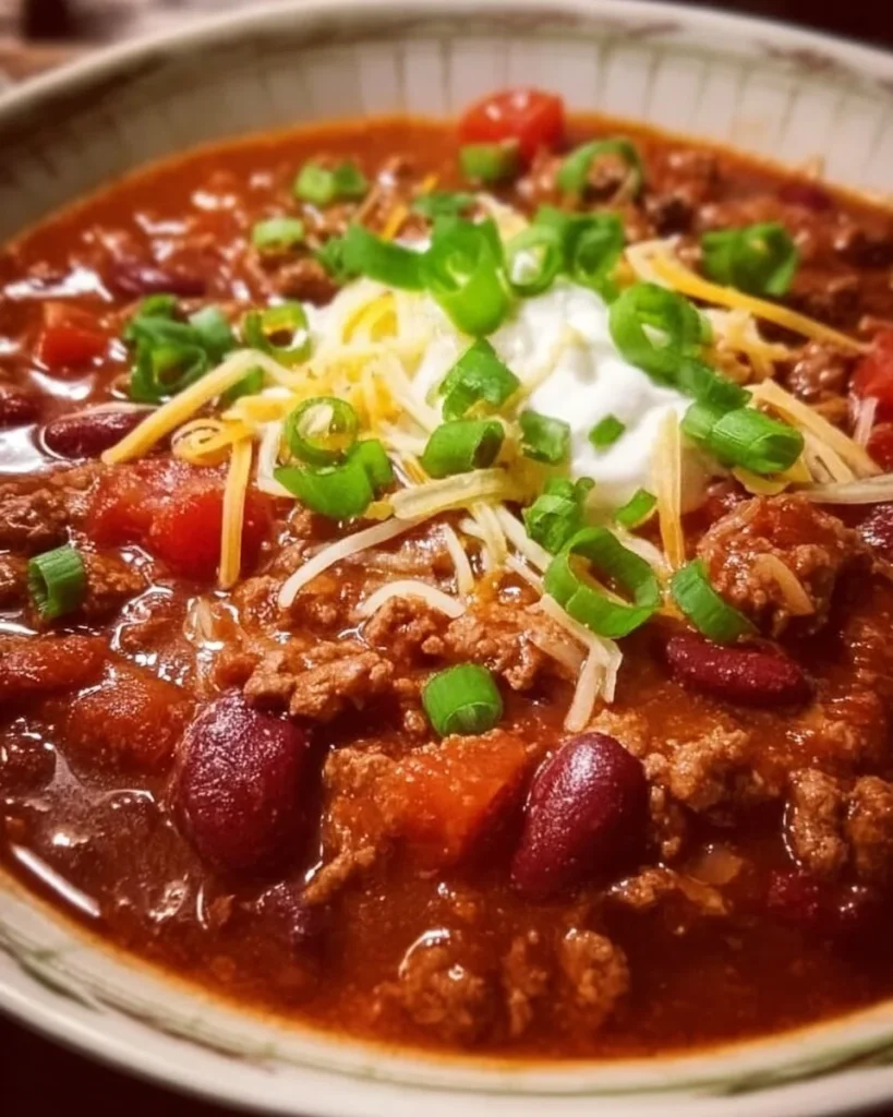 Bowl of delicious Easy Crockpot Chili garnished with fresh herbs