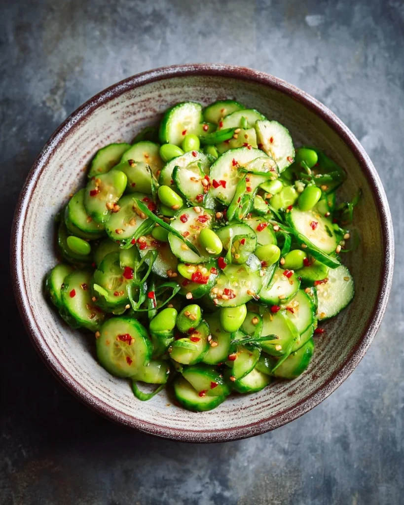 Easy cucumber edamame salad with fresh ingredients in a bowl