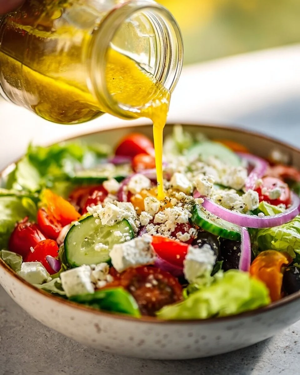 Homemade easy Greek salad dressing in a bowl with fresh ingredients
