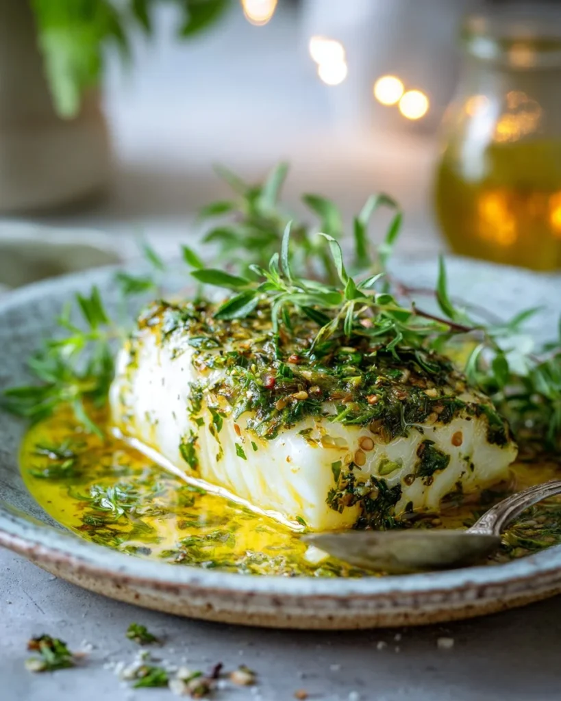 Easy Heavenly Halibut Dinner garnished with fresh herbs.