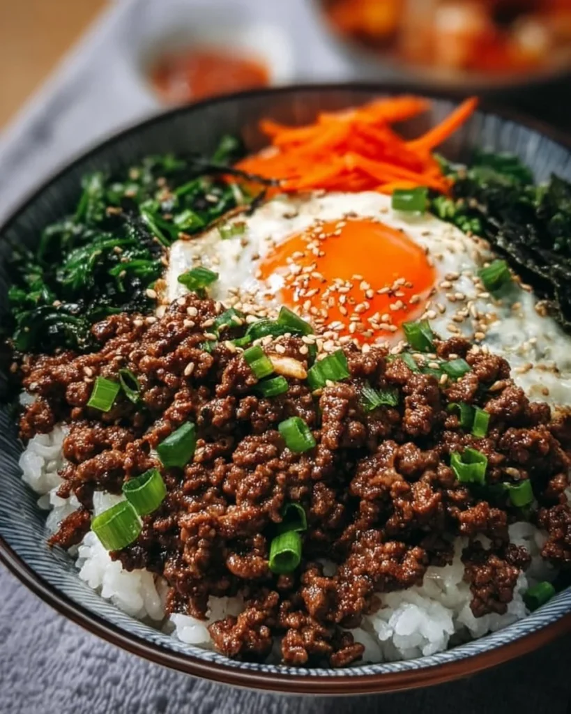 Easy Korean Ground Beef Bowl with vegetables and rice
