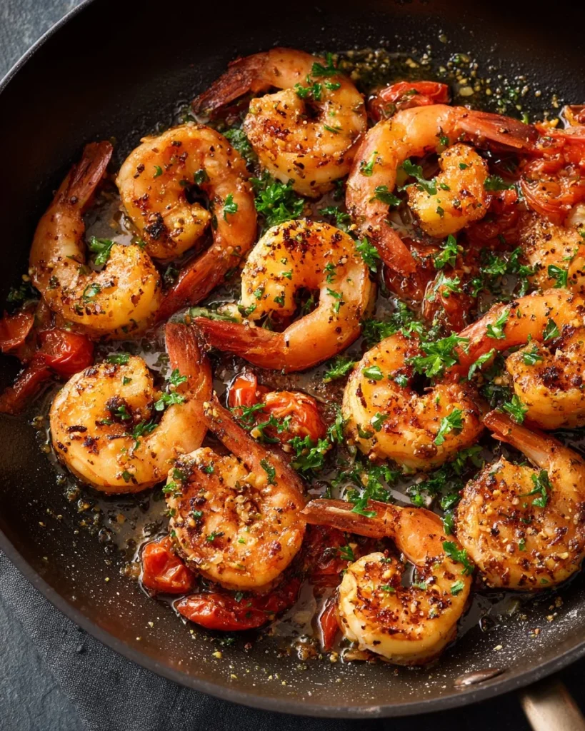 Easy Mediterranean shrimp skillet with colorful vegetables and fresh herbs