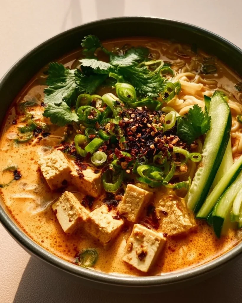Delicious bowl of easy miso peanut ramen with colorful vegetables.