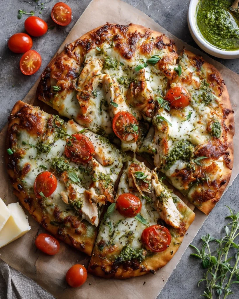 Easy pesto chicken flatbread topped with fresh basil and cheese