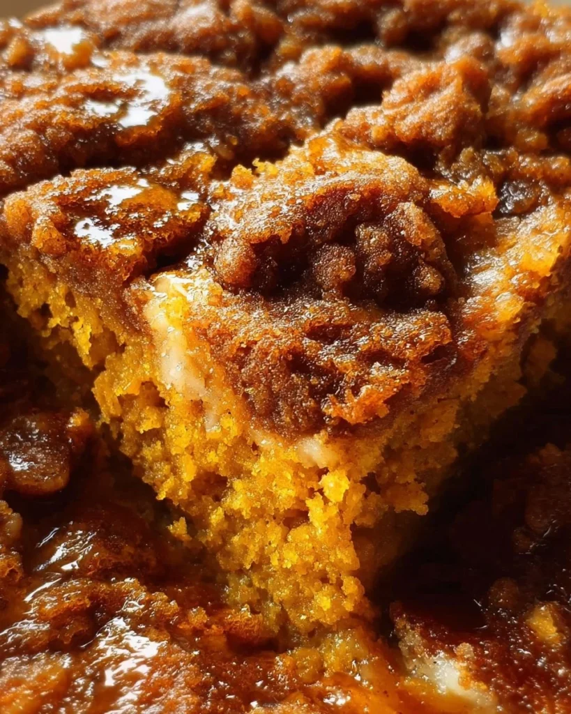 Deliciously Easy Pumpkin Dump Cake freshly baked in a dish with autumn spices.