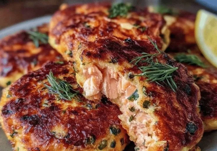 Delicious easy salmon patties served on a plate with fresh herbs.