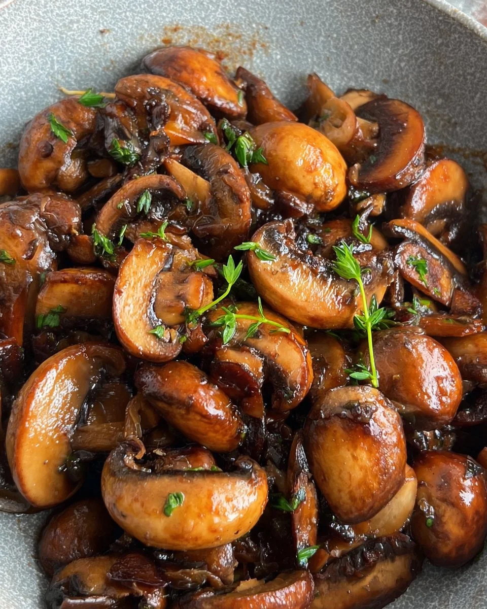 Plate of easy sautéed mushrooms garnished with herbs