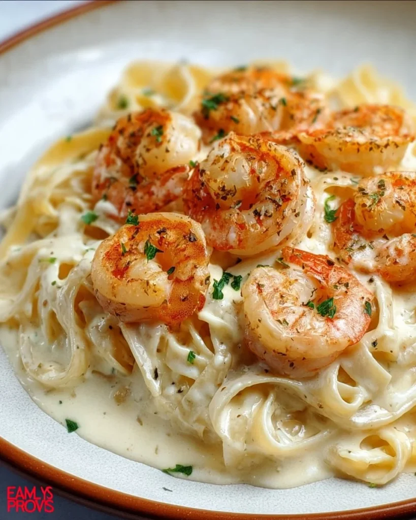 Plate of easy shrimp Alfredo with creamy sauce and shrimp