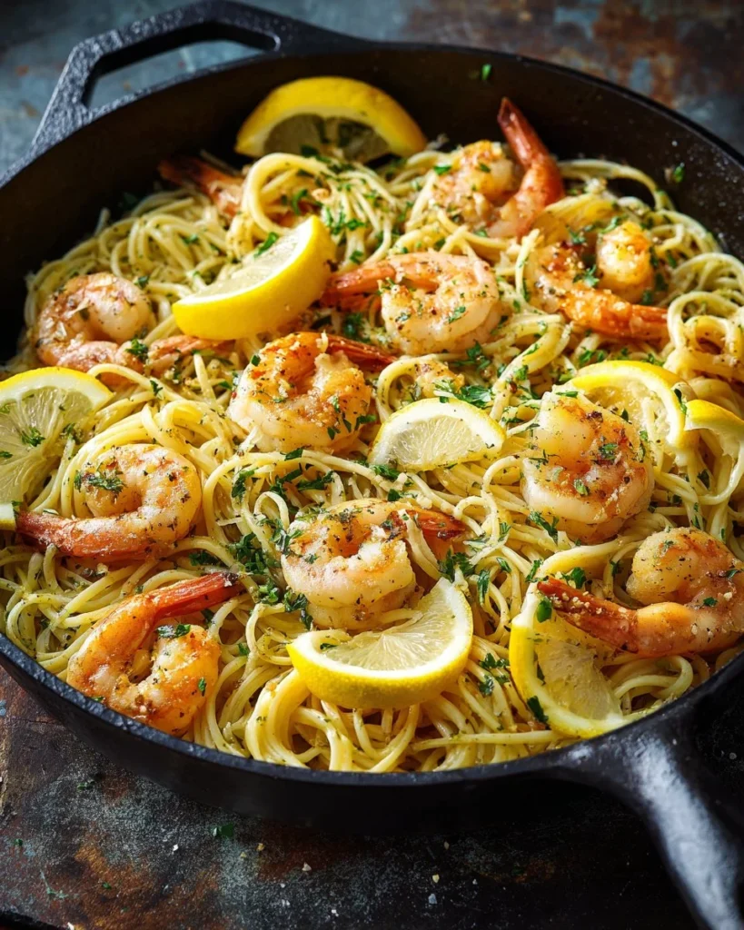 Plate of easy shrimp scampi with lemon garlic pasta garnished with parsley