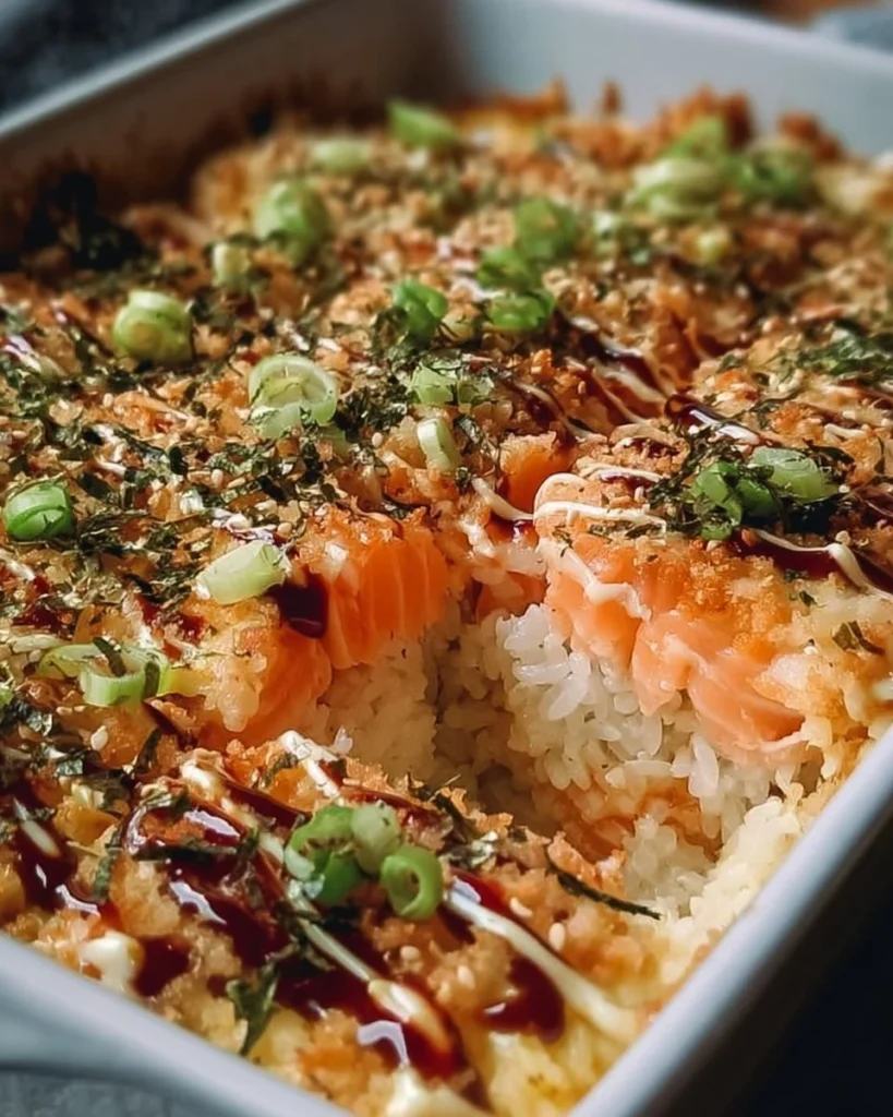 Delicious and easy sushi bake recipe served in a baking dish.