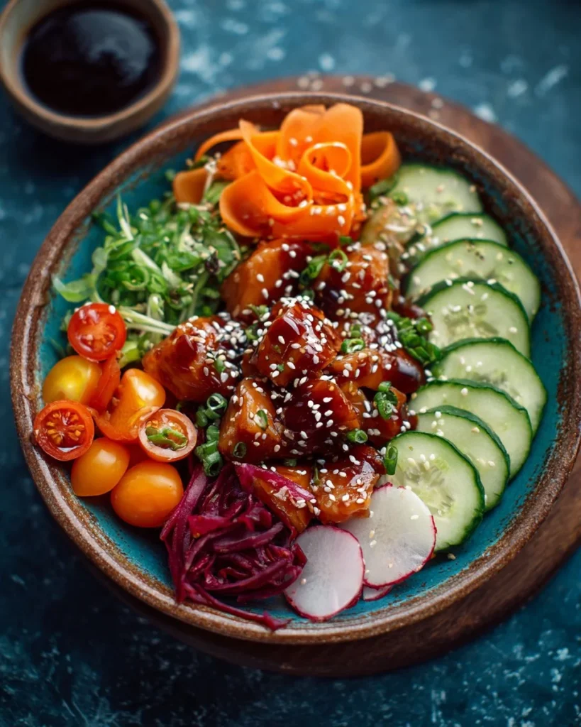 Easy teriyaki chicken poke bowls served in a bowl with fresh ingredients