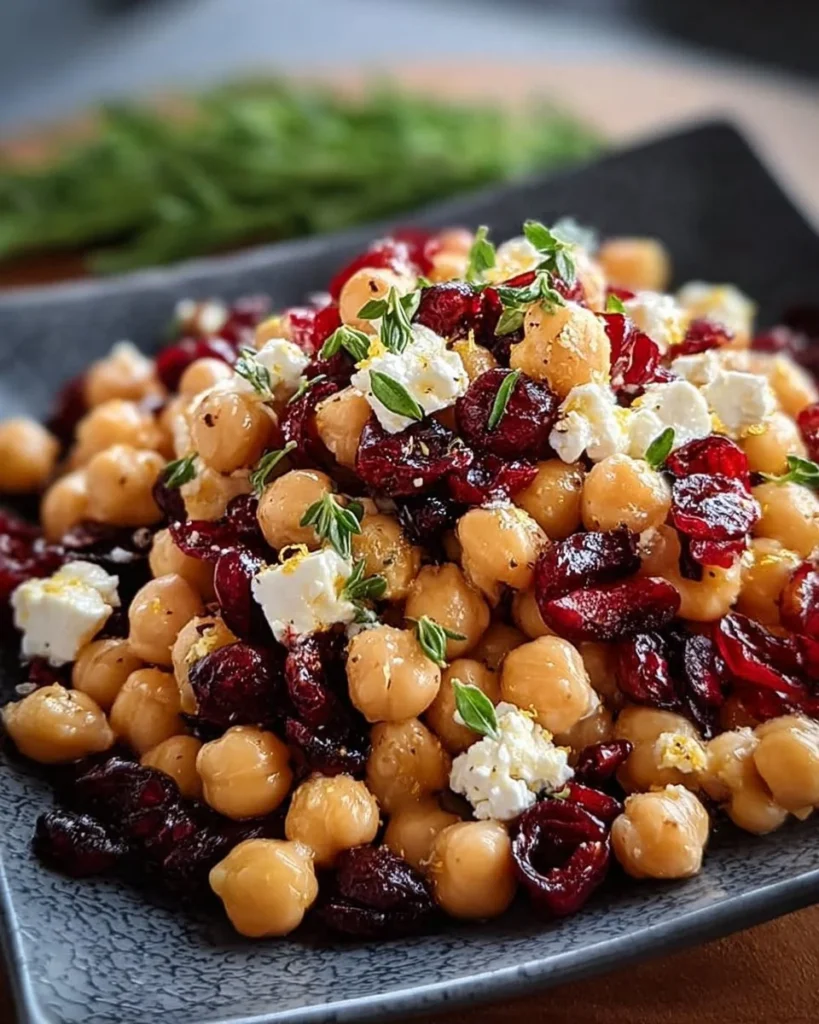Feta Cranberry Chickpeas salad with lemon vinaigrette served in a bowl