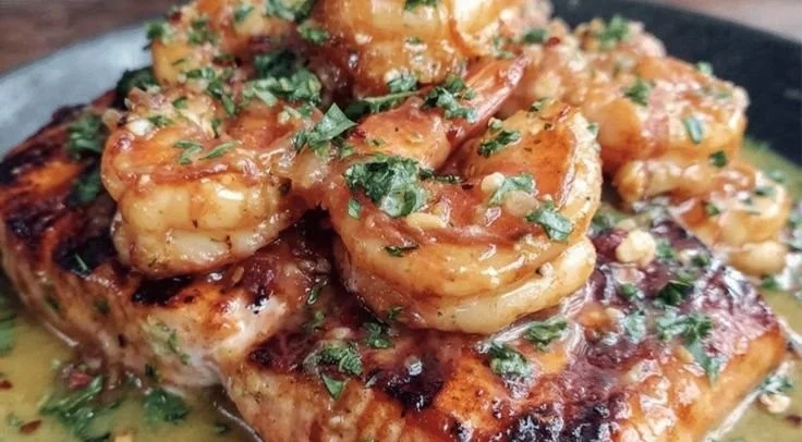 Delicious garlic butter salmon and shrimp plated, garnished with herbs.
