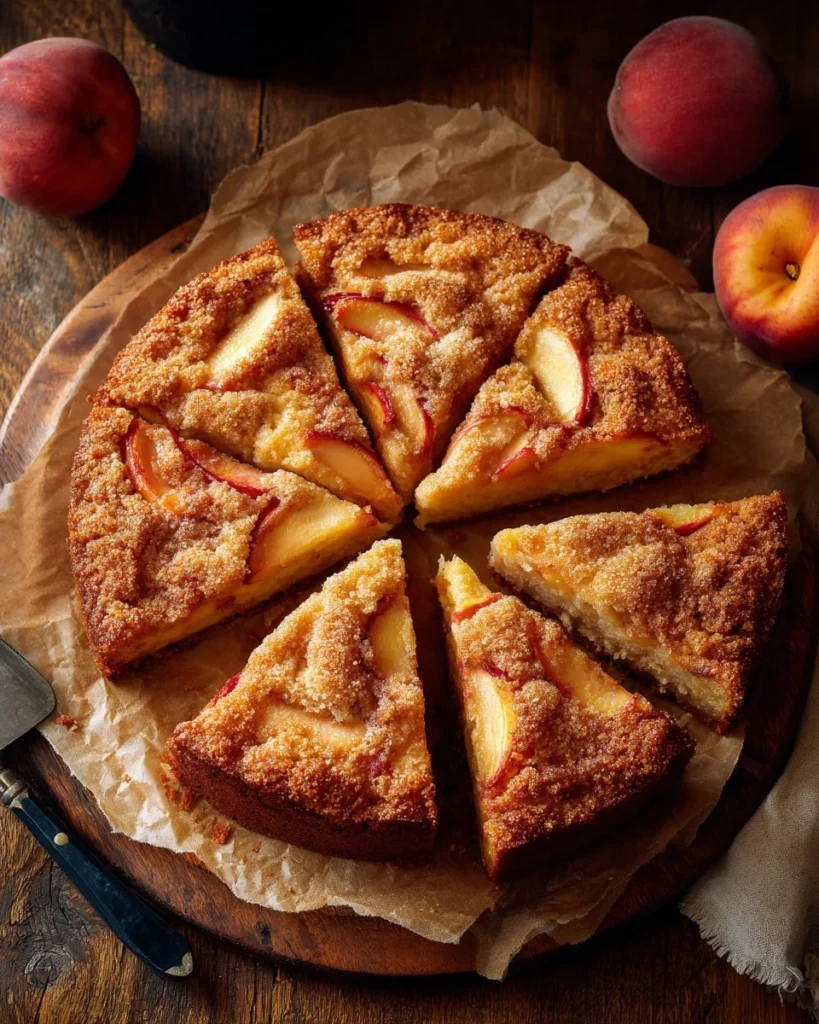 Fresh peach coffee cake with slices of peach and a crumbly topping