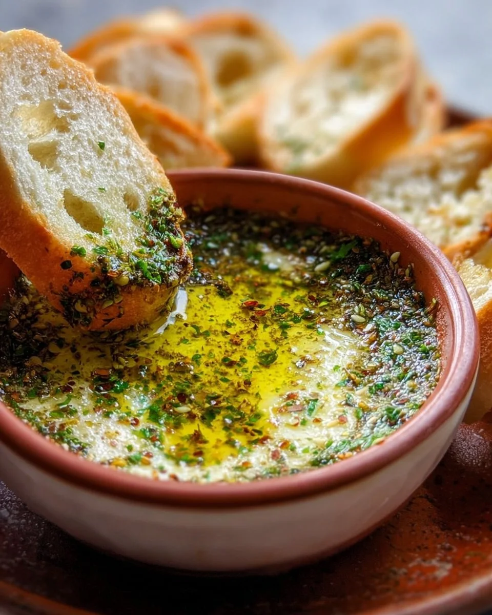 Delicious garlicky olive oil bread dip served with crusty bread.