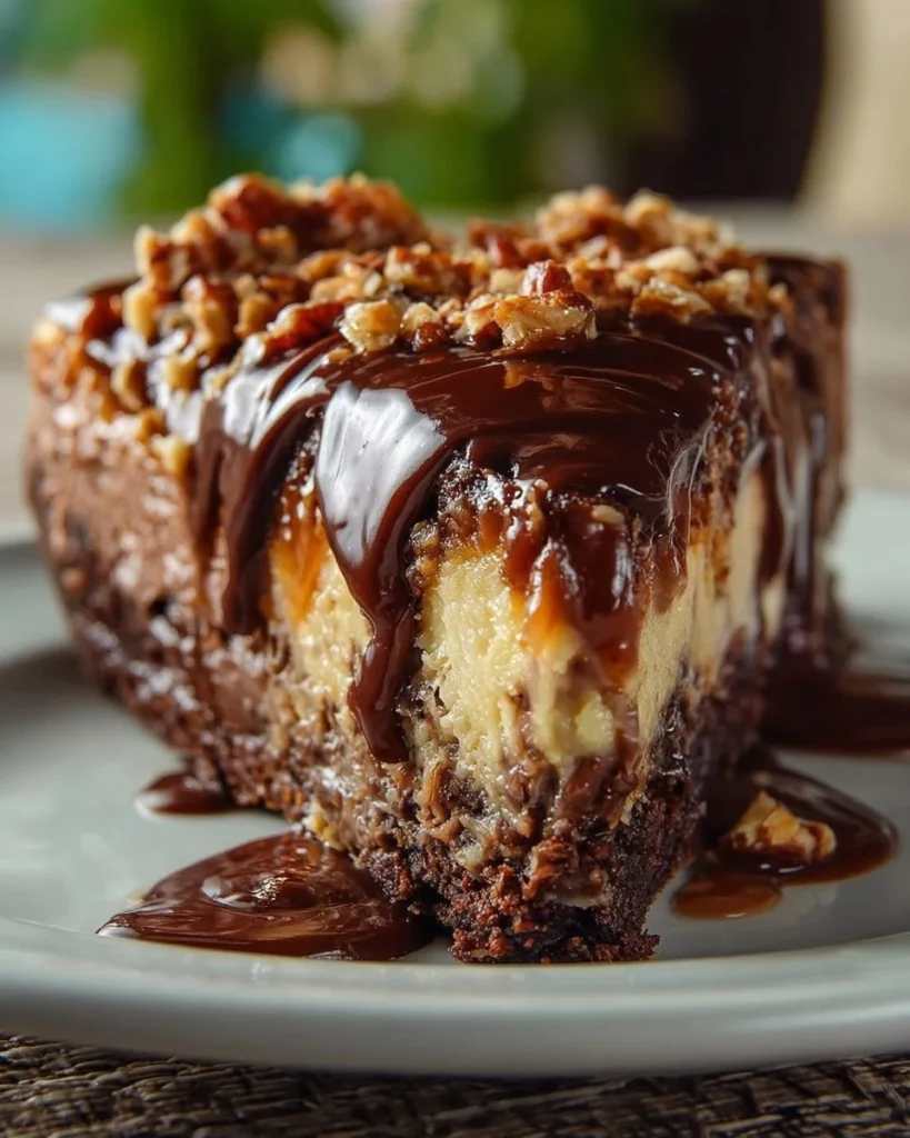 Slice of German Chocolate Cheesecake topped with coconut and pecan frosting