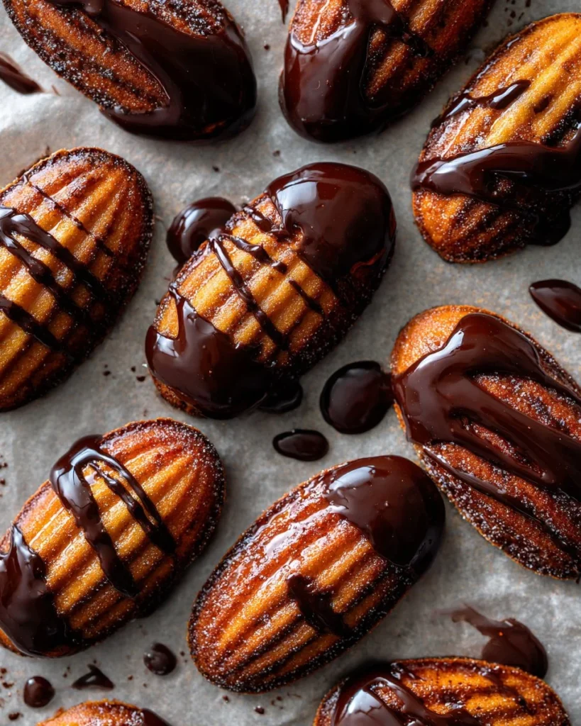 Glazed chocolate orange marbled madeleines on a plate
