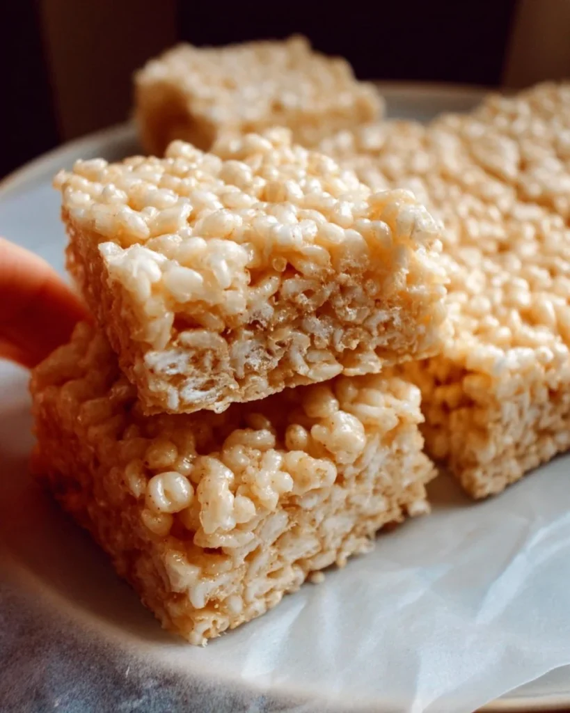 Gooey Rice Krispie Treats made with marshmallows and crispy rice cereal