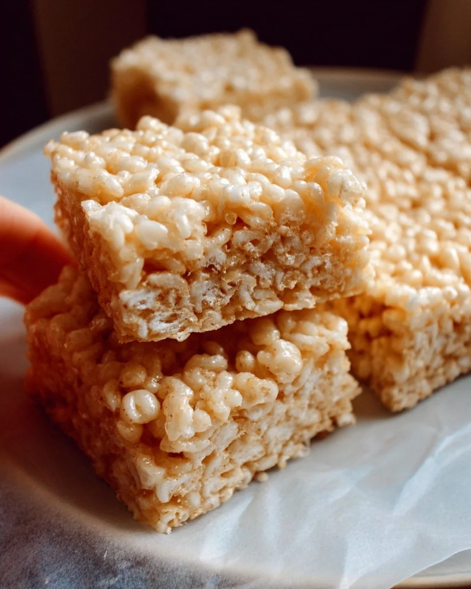 Gooey Rice Krispie Treats made with marshmallows and crispy rice cereal