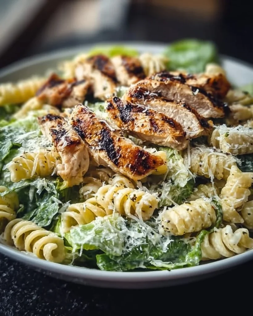Grilled Chicken Caesar Pasta Salad with fresh ingredients and Caesar dressing