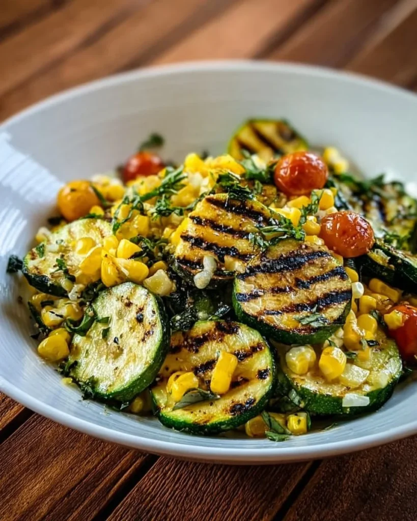 Grilled Zucchini and Corn Salad in a bowl with fresh herbs and lime