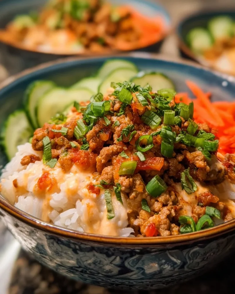 A delicious bowl of ground turkey rice topped with fresh vegetables and herbs