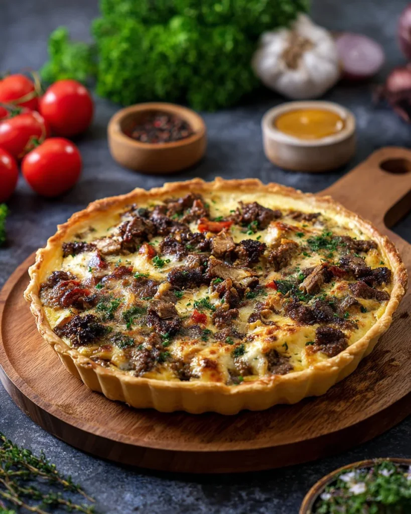 Halal Meat Lovers Quiche made with beef and turkey, delicious and hearty.