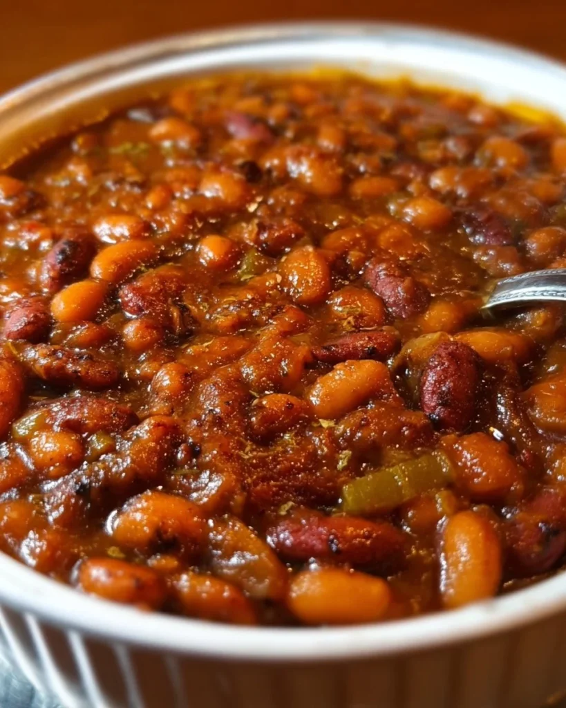 A bowl of hearty baked beans with savory sauce ready to be served.