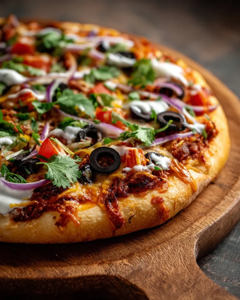 Homemade Mexican pizza topped with fresh vegetables and cheese