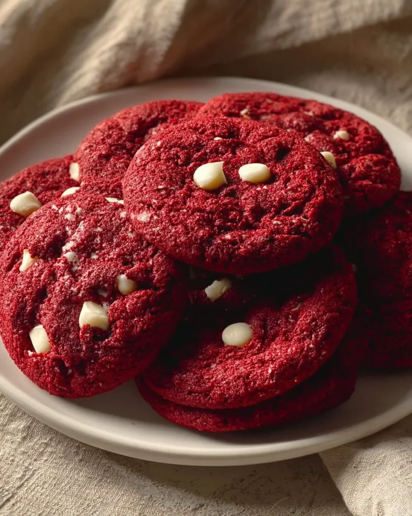 Homemade red velvet cookies fresh out of the oven on a cooling rack.
