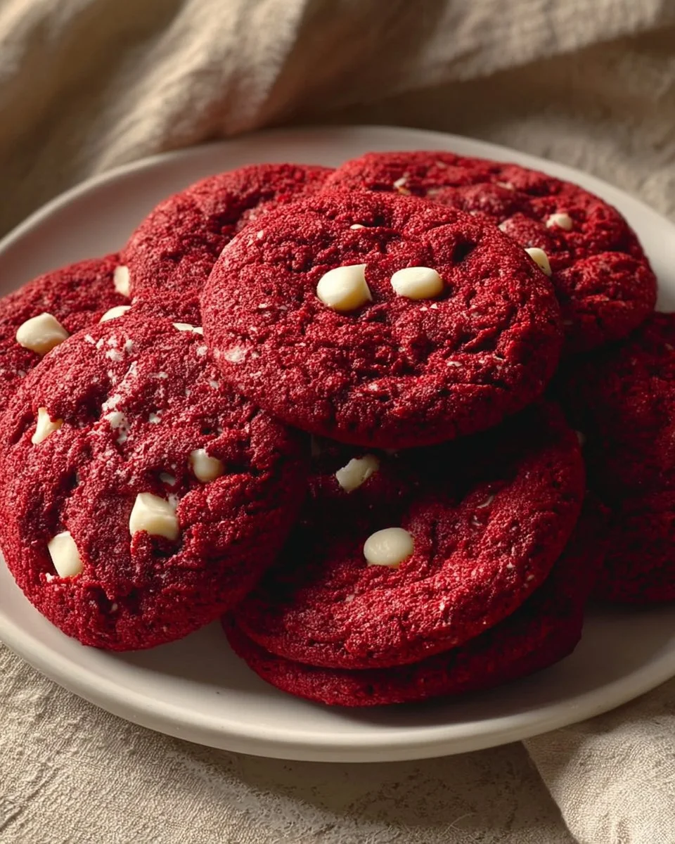 Homemade red velvet cookies fresh out of the oven on a cooling rack.